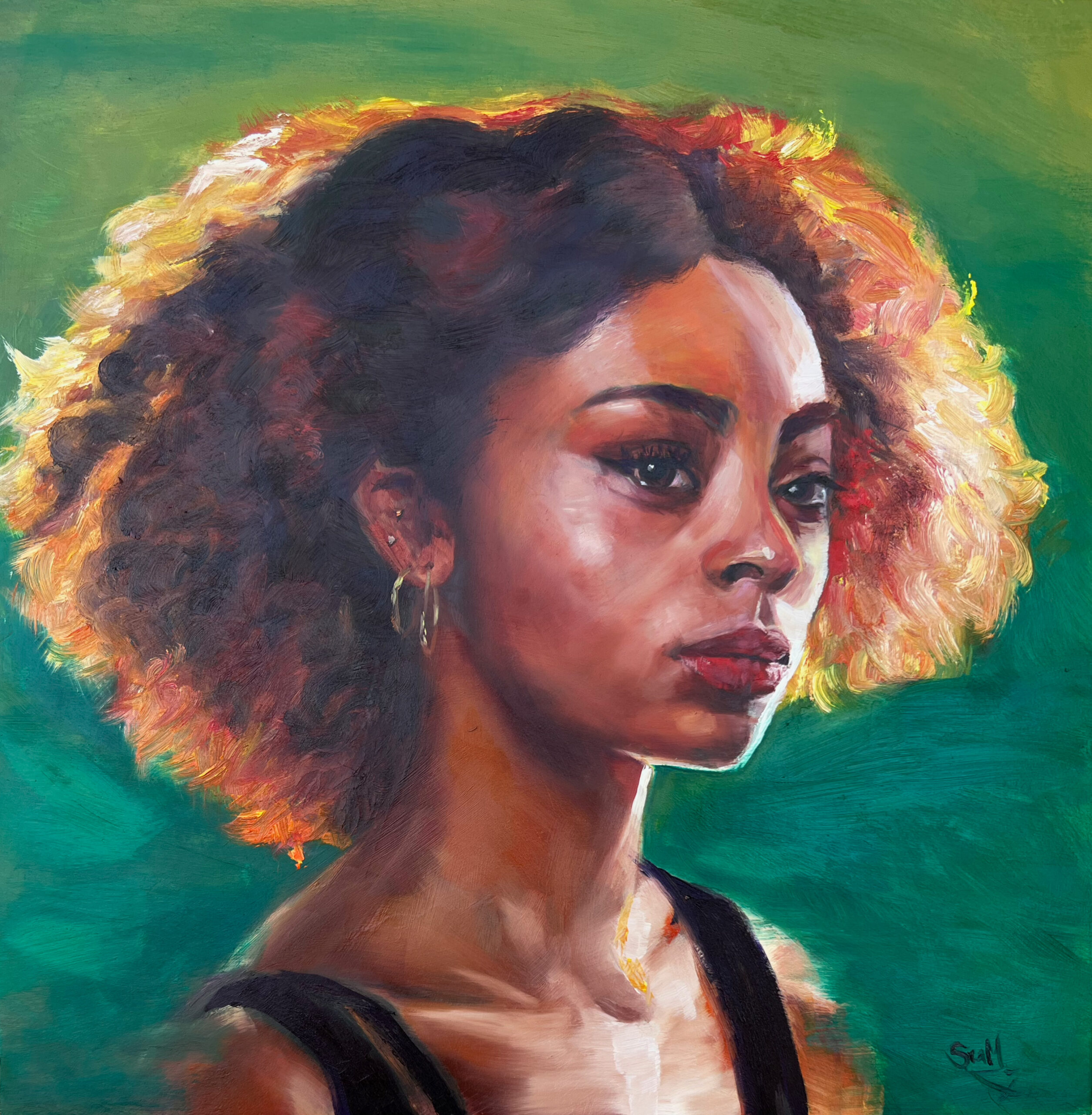 Vibrant portrait of a woman in oils
