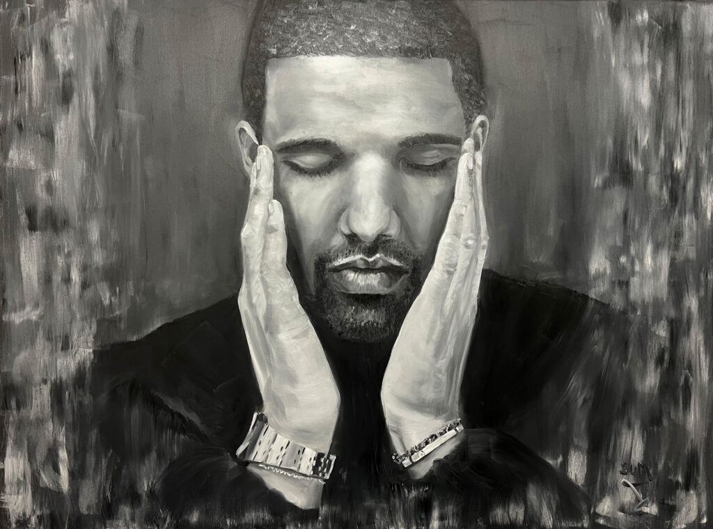 Black and white oil painting of the rapper Drake