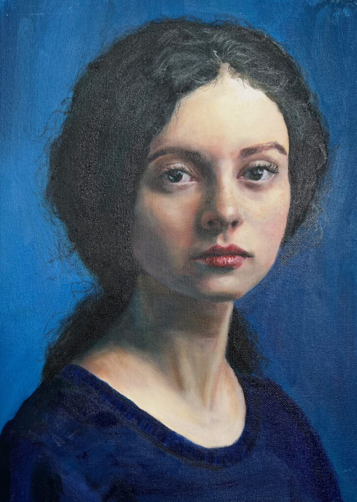 Contemplation Oil Painting on a woman in blue