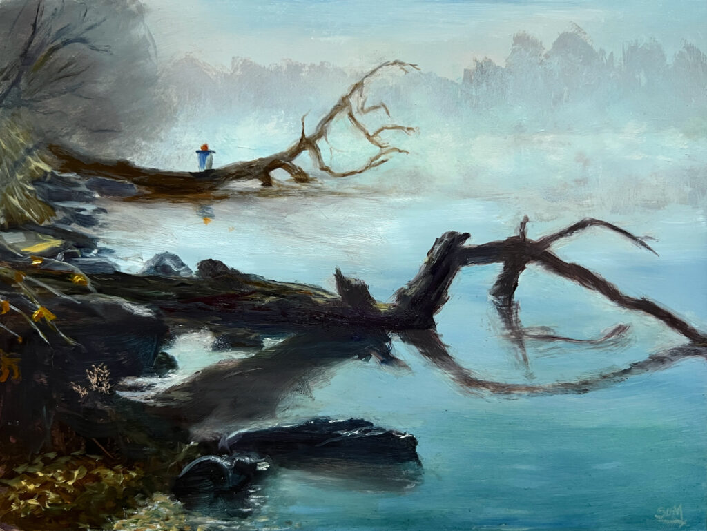 Oil painting of an atmospheric Etang on Aluminum